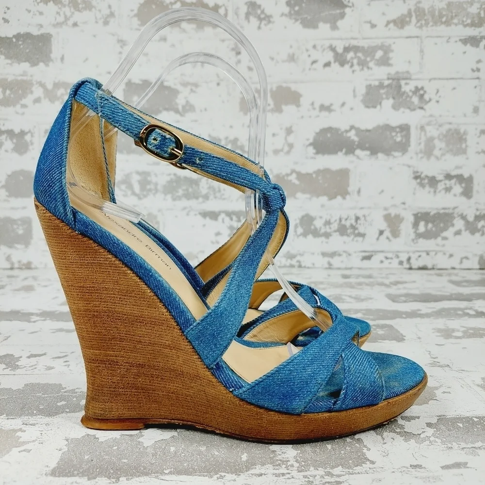 Alexandre Birman Denim Fabric Wedge Slip On Buckle Ankle Strap Sandals O135